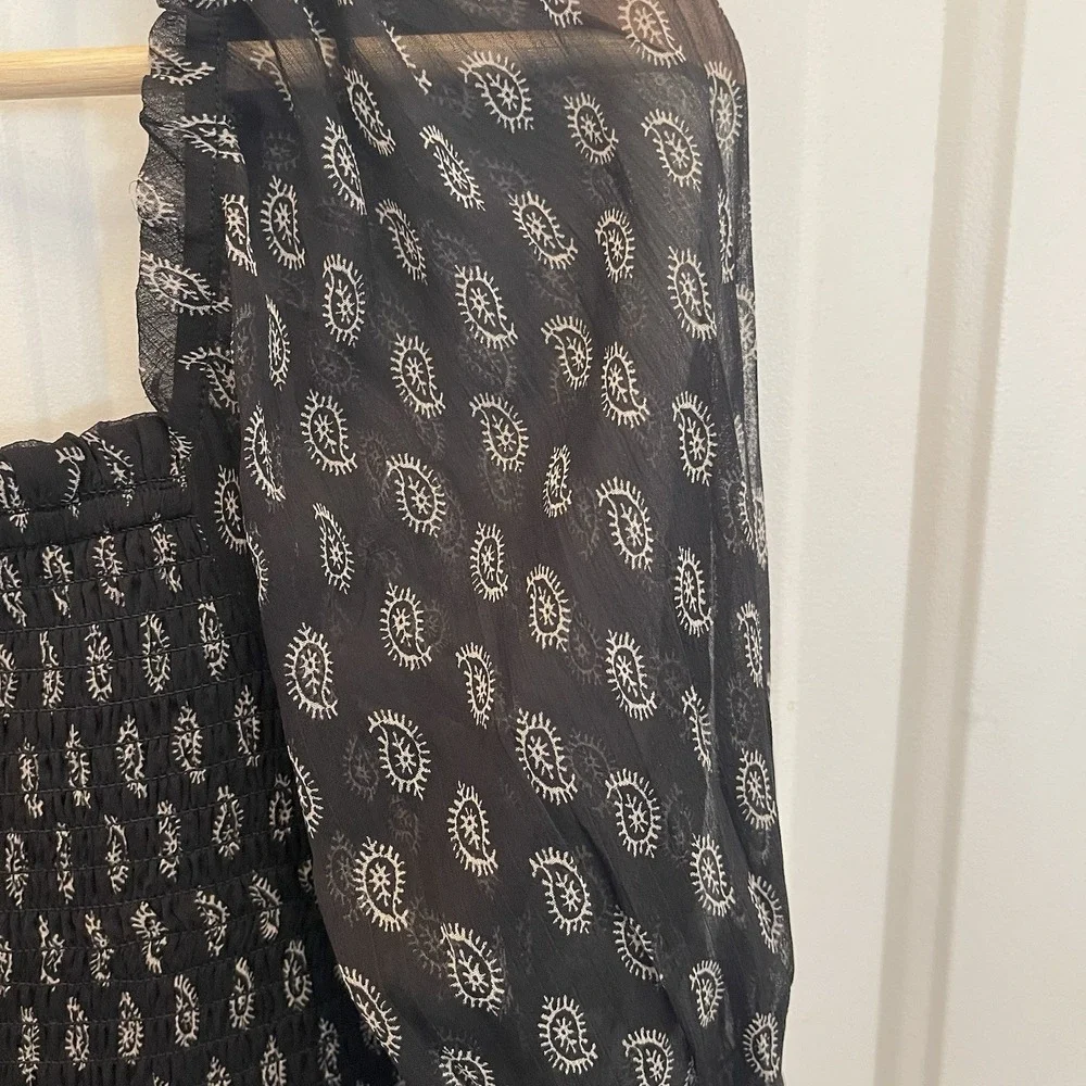 Patrons of Peace Womens L Cropped Black Paisley Smocked‎ Sheer Puff Long Sleeve - Picture 8 of 9